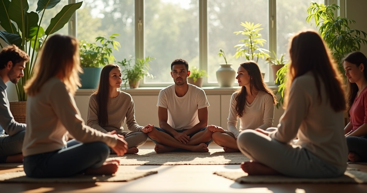 Grupo de pessoas em círculo refletindo em silêncio durante diálogo 