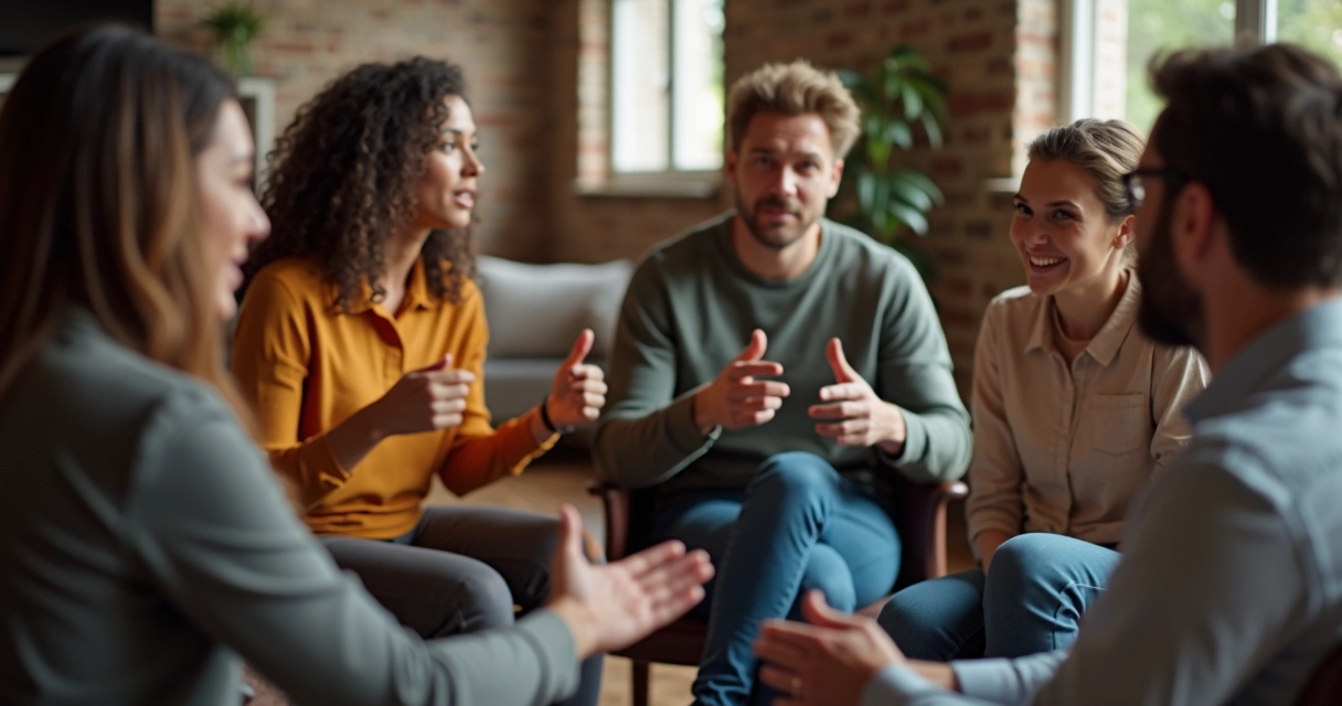 Grupo de pessoas sentado discutindo em círculo.