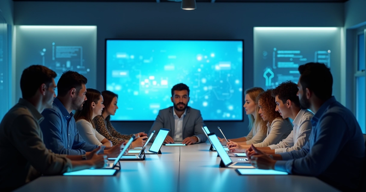 Grupo de pessoas de diferentes idades e gêneros discutindo em uma sala virtual com telas de dispositivos brilhando.