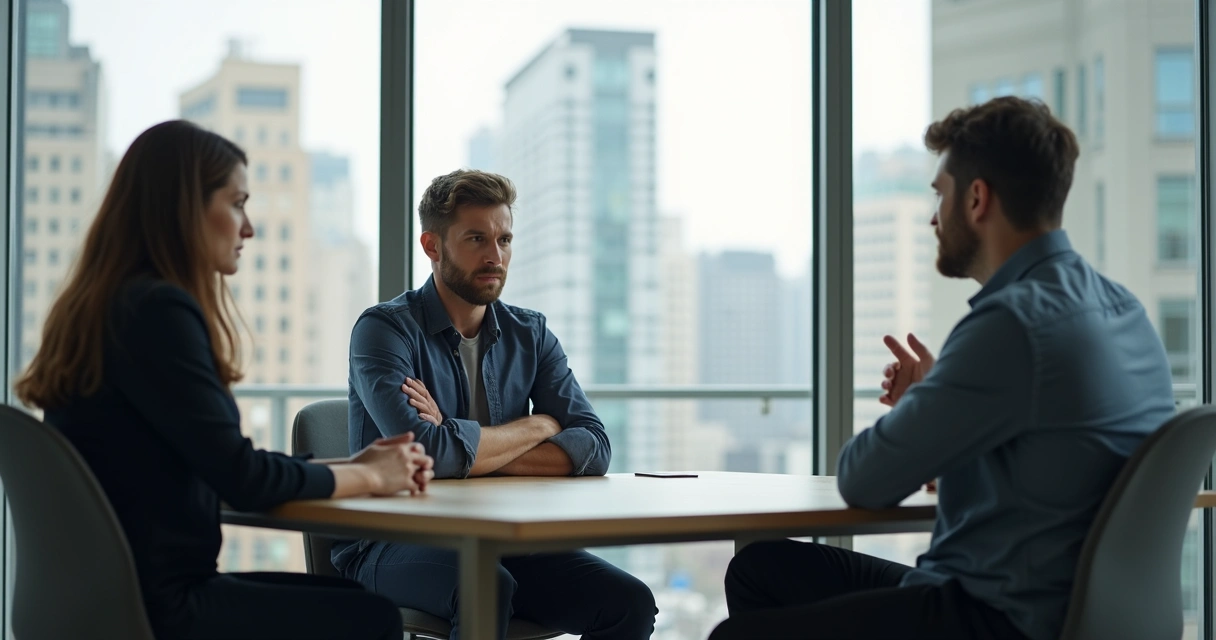 Três pessoas em uma sala de reunião discutindo, uma parece levemente irritada 