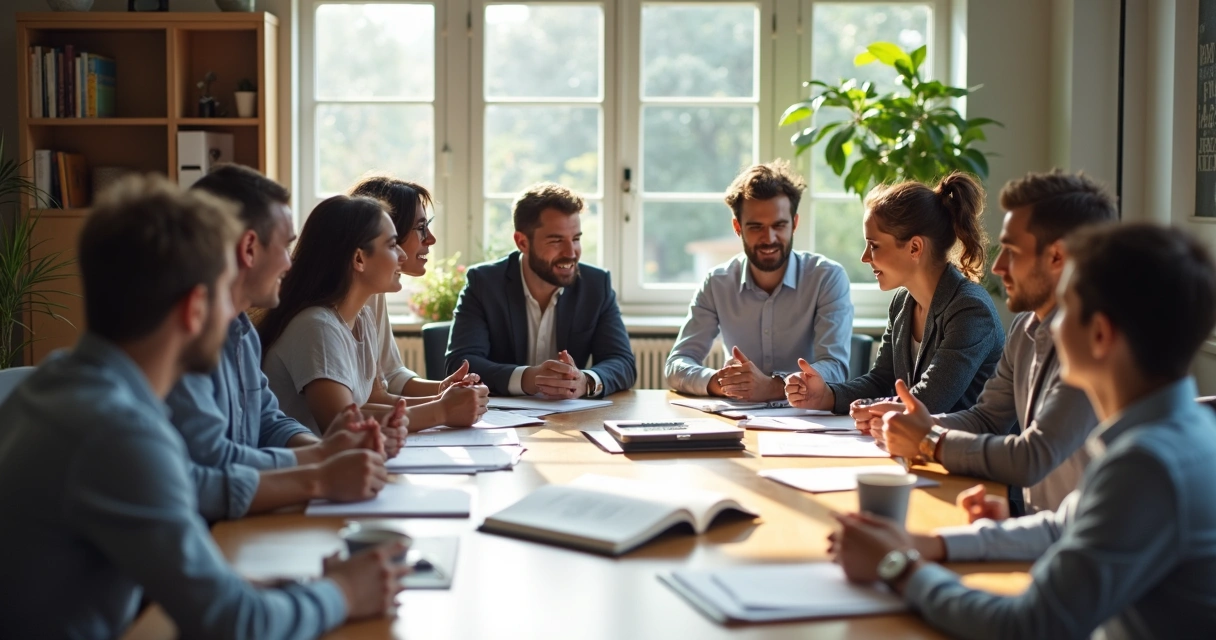 Grupo diverso discutindo ao redor de uma mesa 