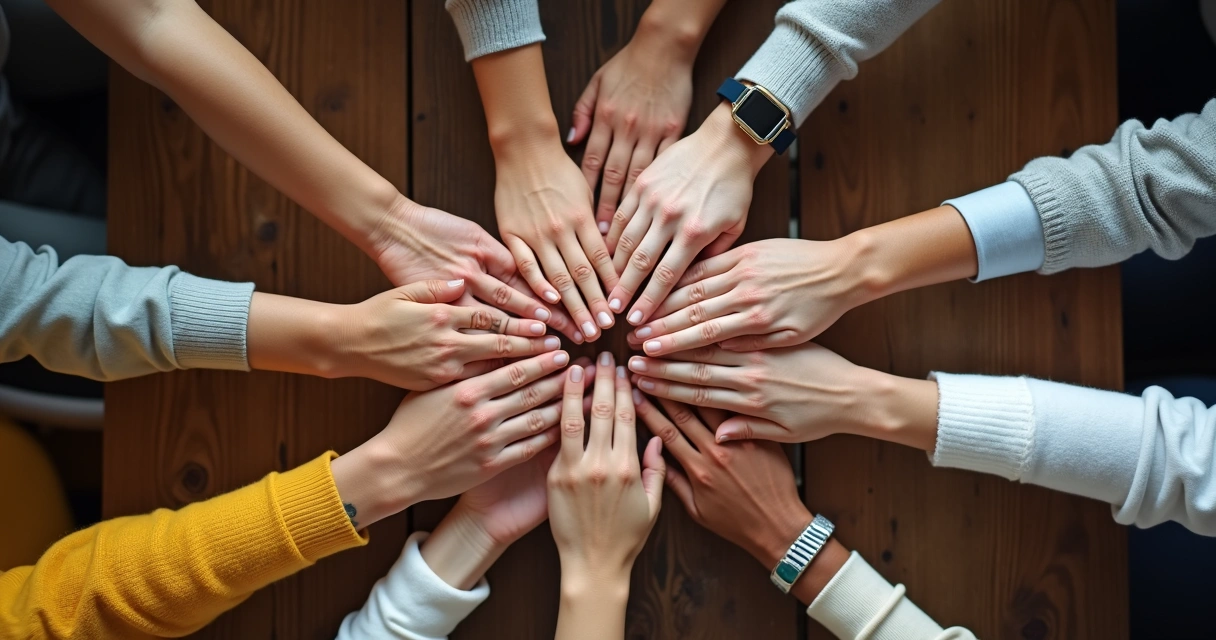 Grupo de pessoas diversas com mãos unidas sobre uma mesa 
