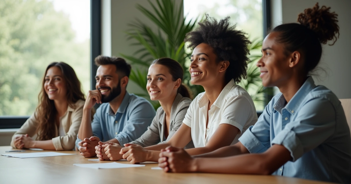 Grupo de pessoas em reunião expressando emoções variadas 