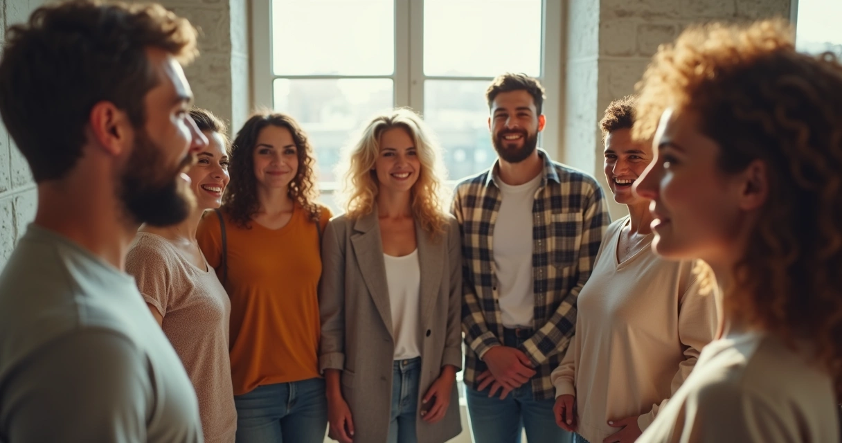 Grupo de pessoas em círculo demonstrando diversas emoções 