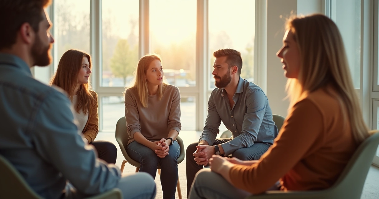 Grupo de pessoas em roda, um observando o outro com expressões faciais diversas