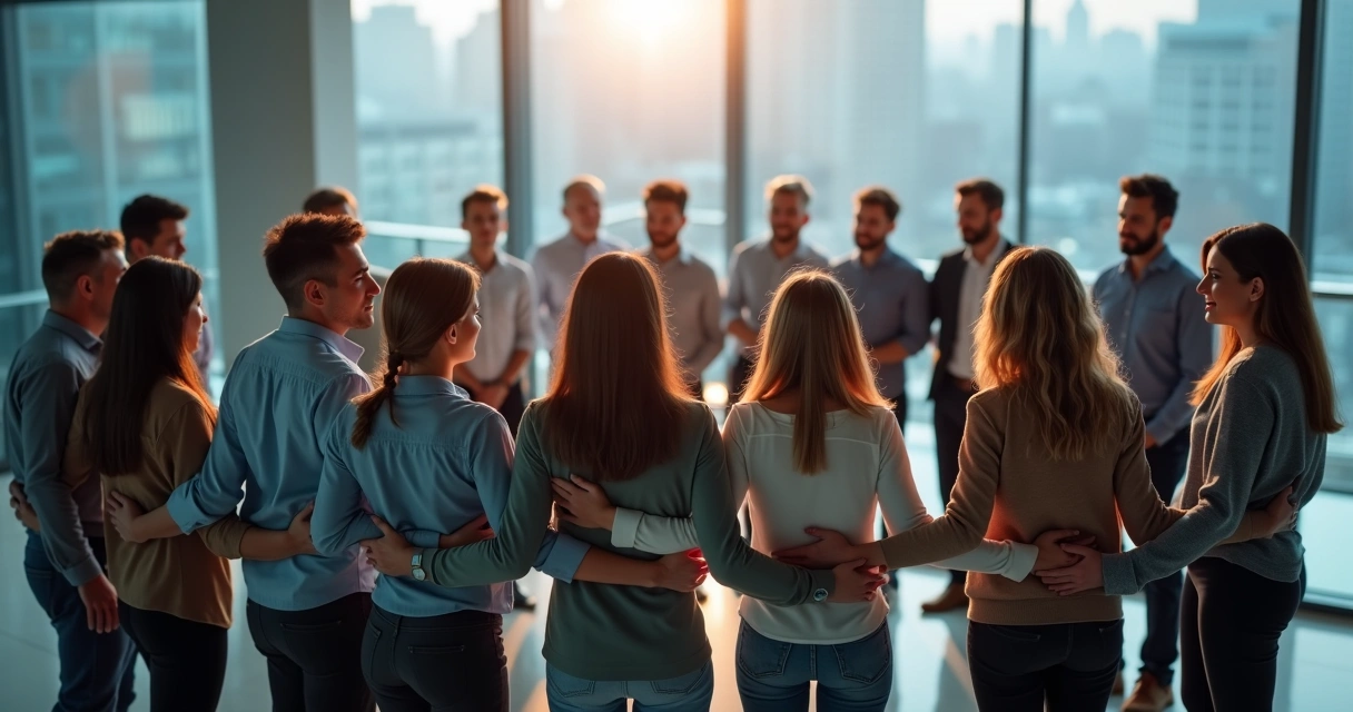 Grupo de pessoas em círculo conectando as mãos após uma crise 