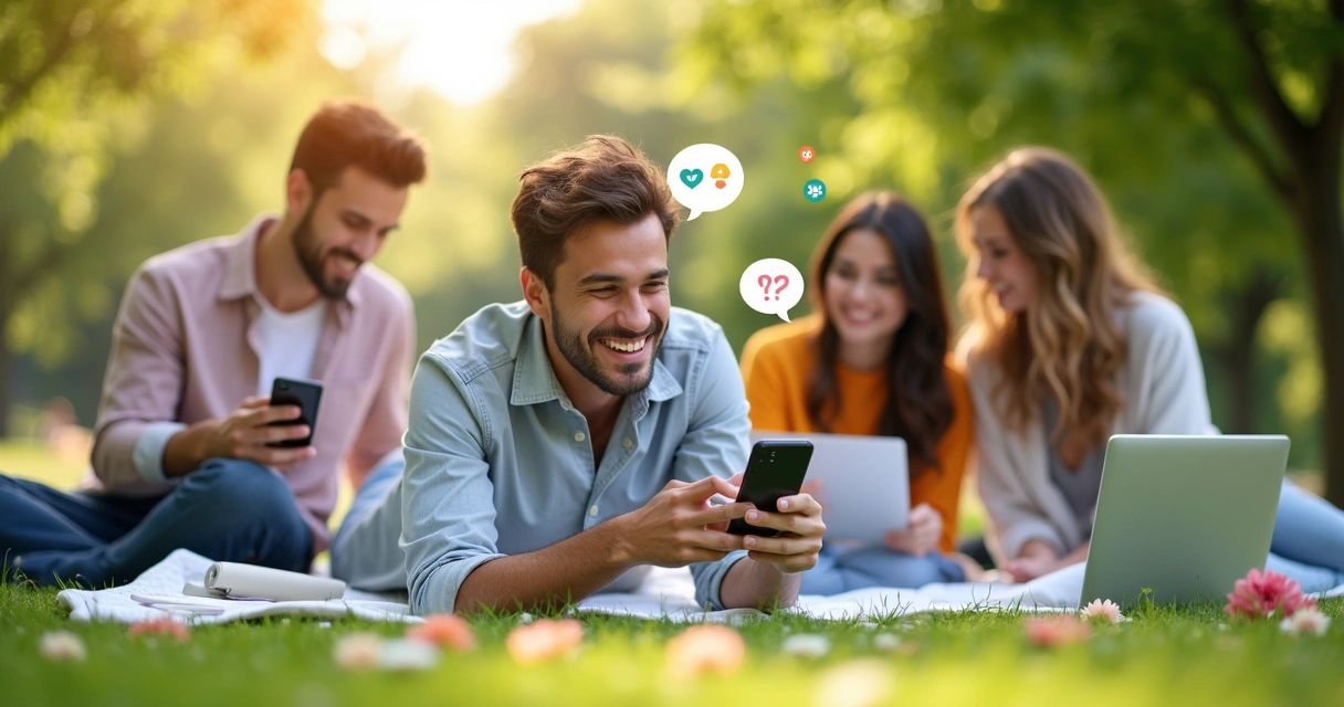 Grupo diversificado de pessoas em um parque discutindo estratégias para redes sociais, sorriso e interação.