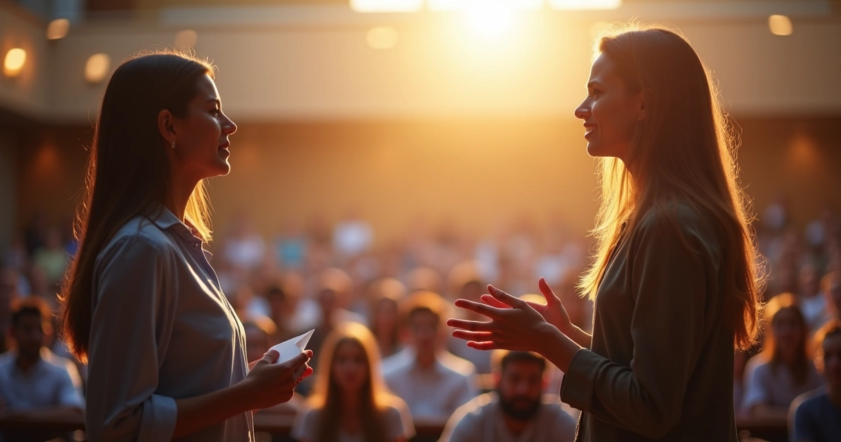 Grupo de pessoas em um auditório, uma delas fala com confiança, enquanto outra parece nervosa.