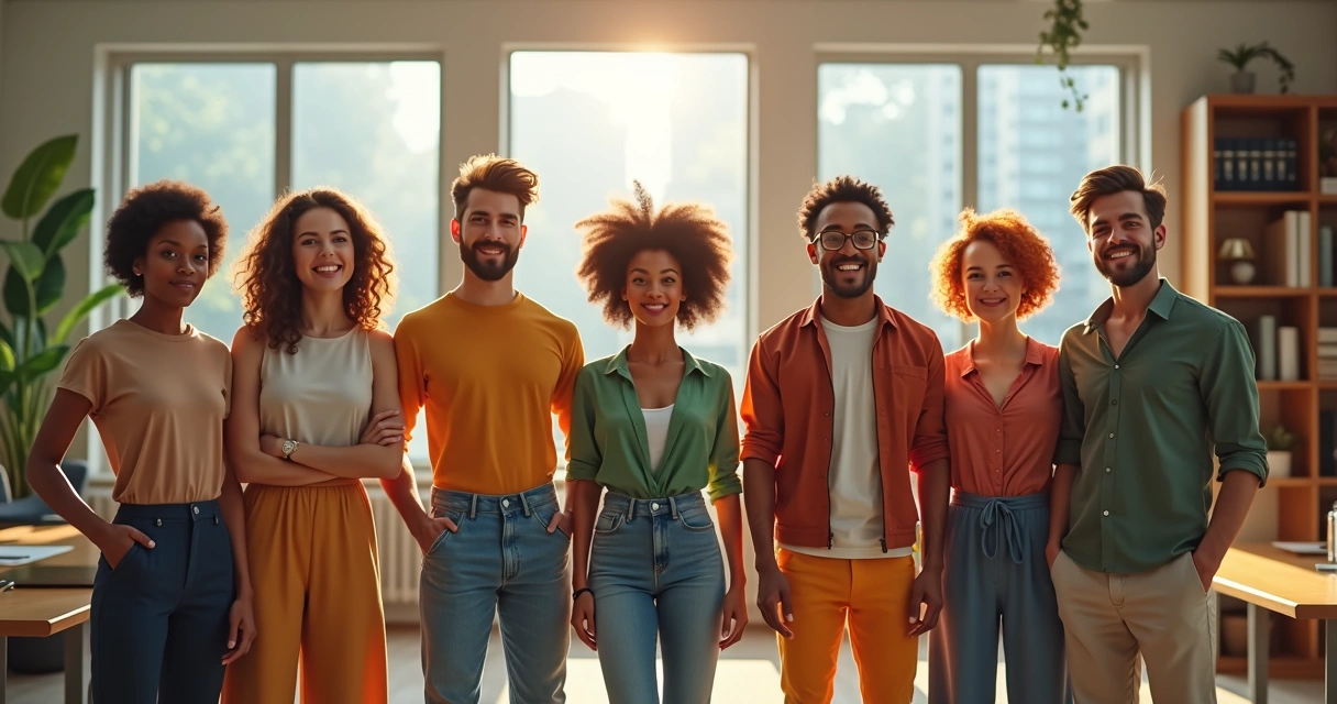 Grupo de pessoas conversando, mostrando diversidade de estilos e expressões 