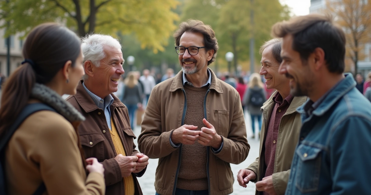 Grupo de pessoas em círculo, diferentes idades, em ambiente urbano, interagindo e sorrindo. 