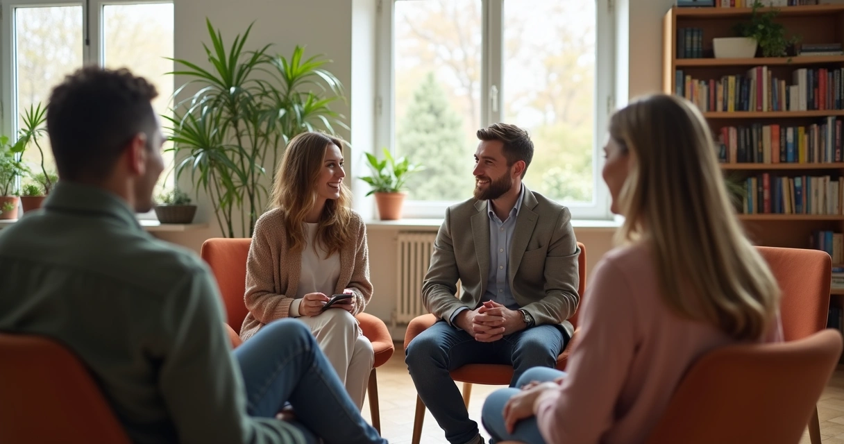 Pessoas em círculo conversando e sorrindo em uma sala iluminada 