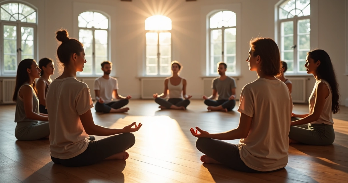 Grupo diversificado sentado em círculo meditando com luz natural e tranquilidade.