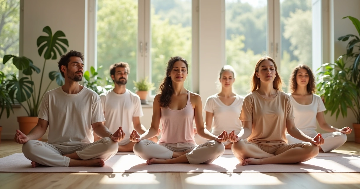 Grupo de pessoas sentadas praticando meditação em ambiente tranquilo