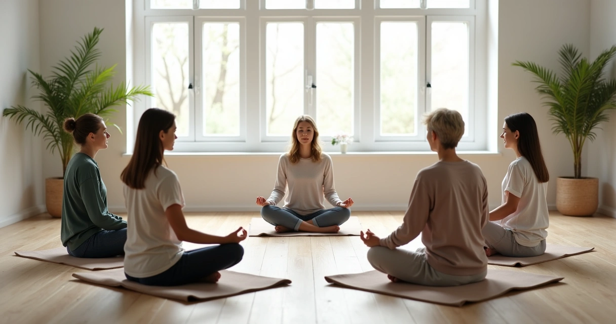 Grupo de cinco pessoas sentadas em círculo meditando em uma sala iluminada 