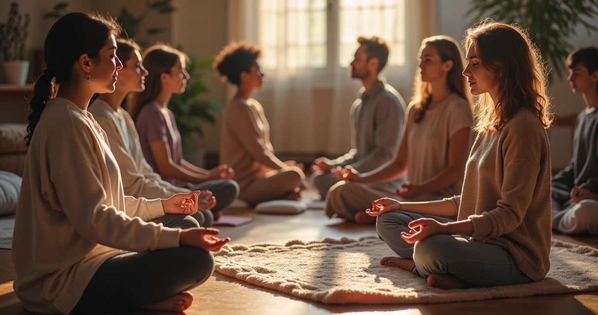 Grupo sentado em círculo no chão meditando juntos 