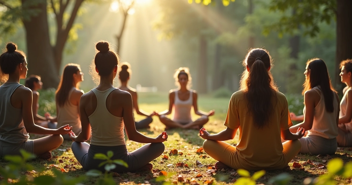 Grupo sentado em círculo, meditando em silêncio em uma clareira de floresta 