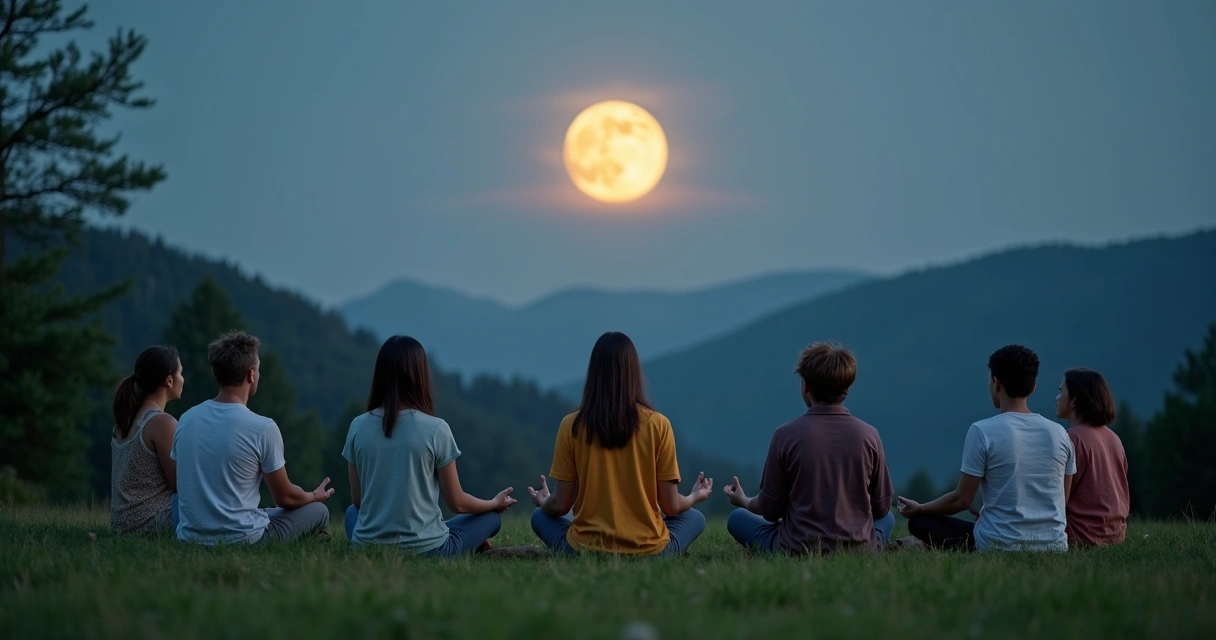 Grupo de pessoas meditando ao ar livre sob a luz da lua cheia