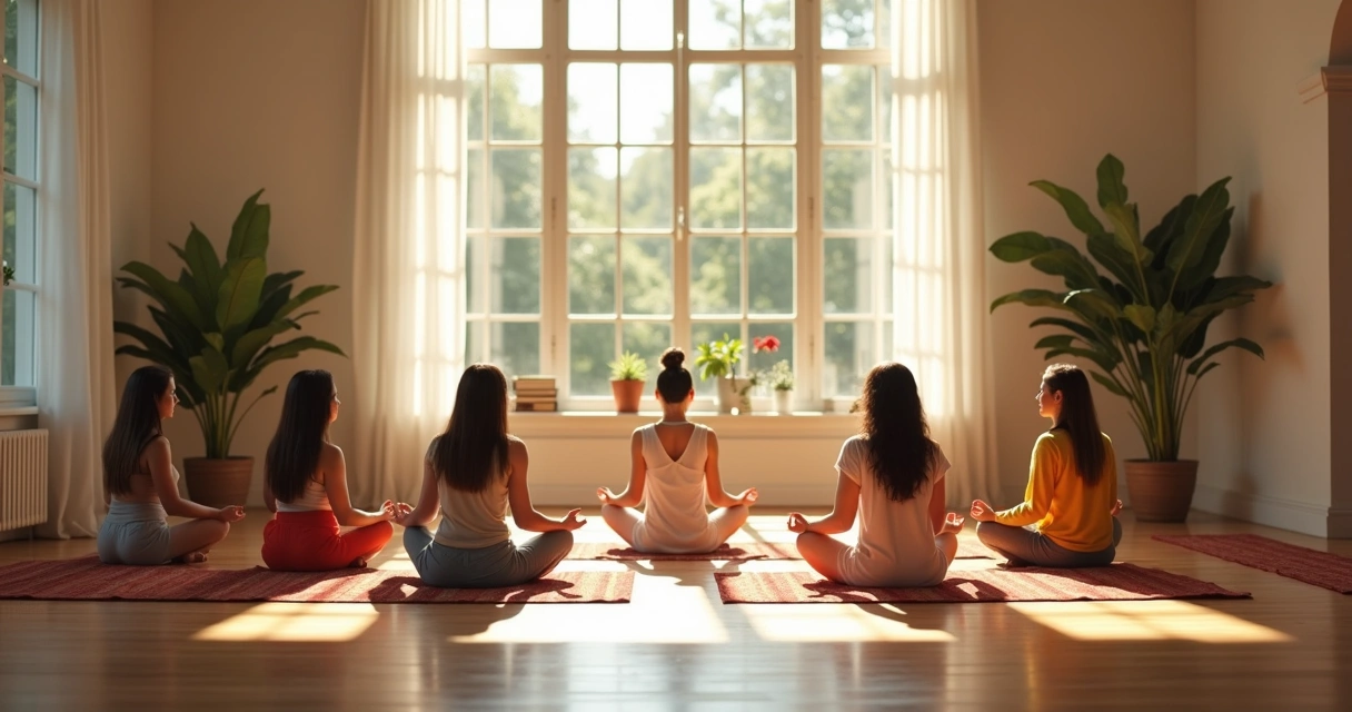 Grupo pequeno de pessoas em círculo meditando em sala iluminada 