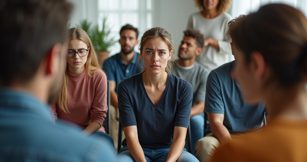 Grupo de pessoas sentadas em círculo demonstrando ansiedade e preocupação 