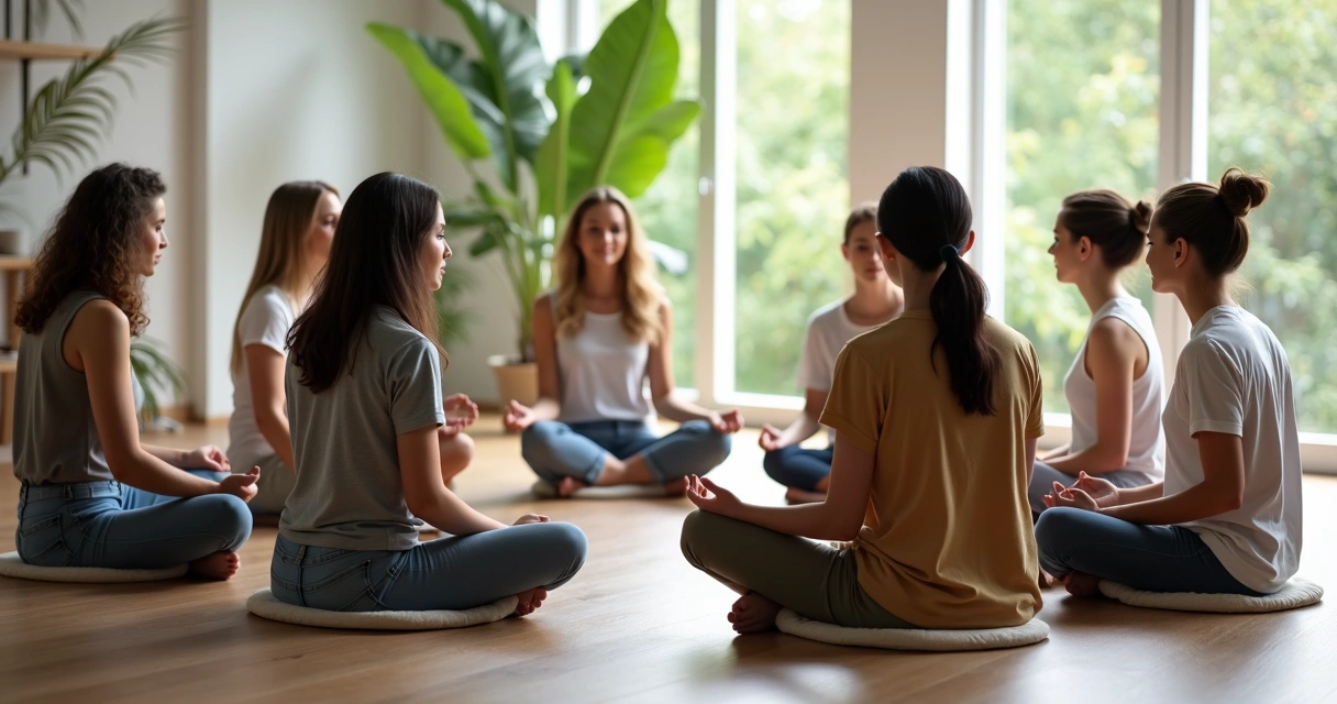 Grupo de pessoas sentadas em círculo praticando uma pausa silenciosa em ambiente iluminado 