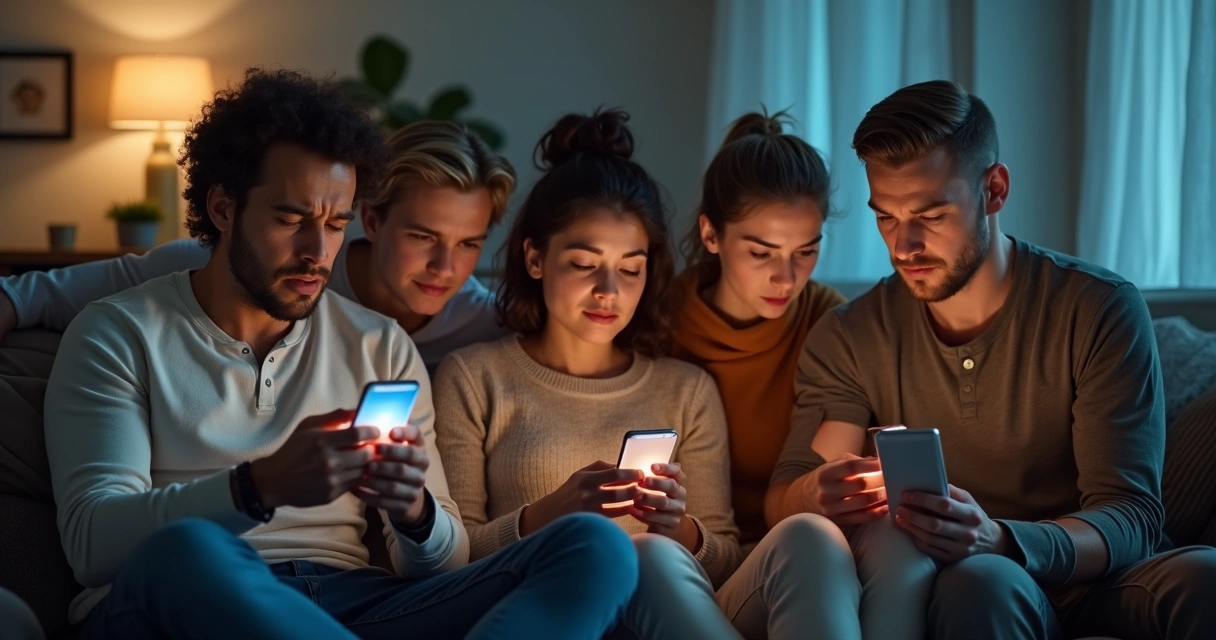 Grupo de pessoas olhando telas preocupados 