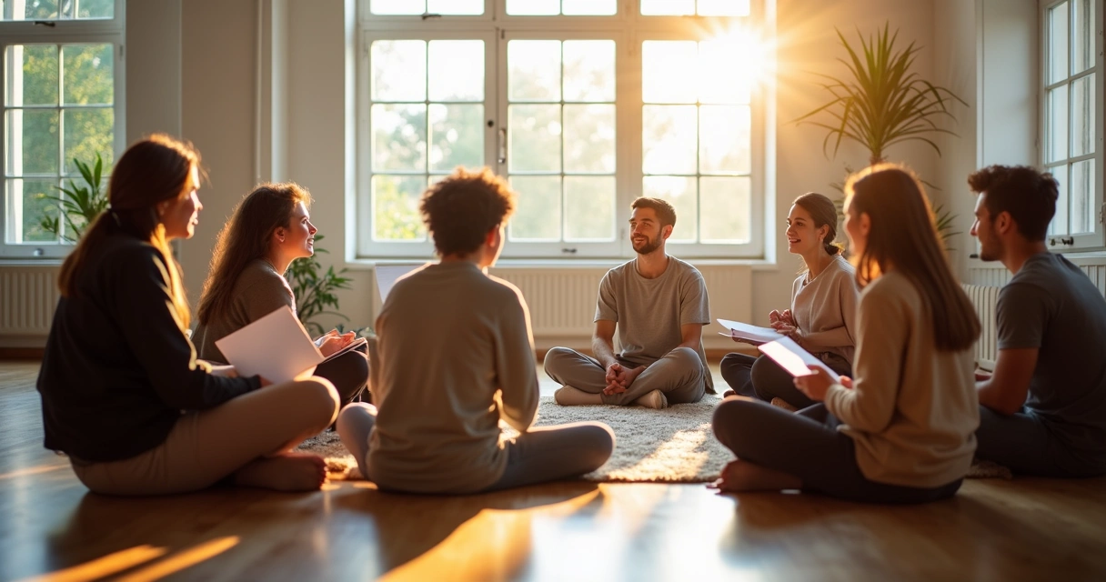 Grupo de pessoas sentadas em roda refletindo juntos em ambiente claro 
