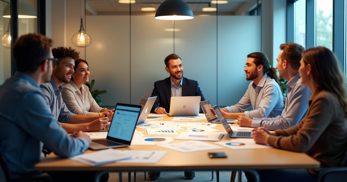 Grupo de pessoas em reunião de trabalho focadas discutindo projeto. 
