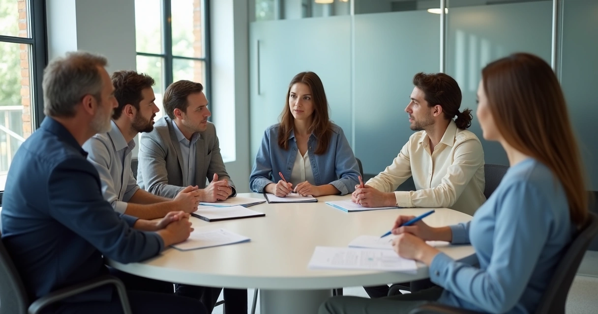 Grupo de pessoas em uma reunião atentos um ao outro. 