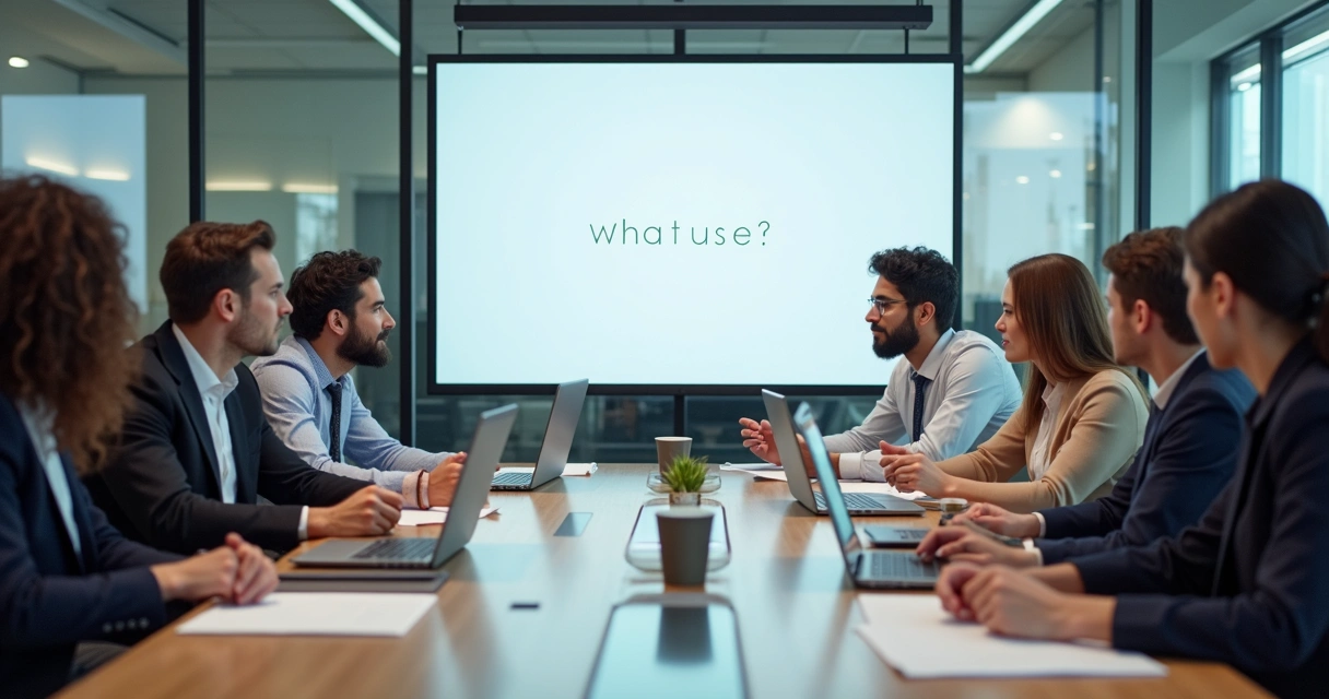 Equipe sentada ao redor de uma mesa observando uma pergunta anotada em um quadro branco 