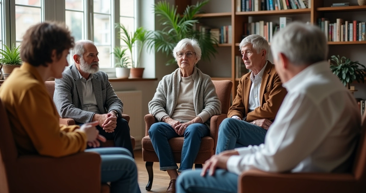Pessoas sentadas em círculo em uma conversa atenta, com expressões diversas e ambiente iluminado por luz natural. 