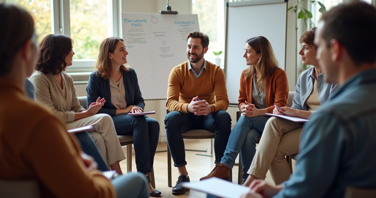 Grupo de pessoas reunidas em círculo, aprendendo juntas 