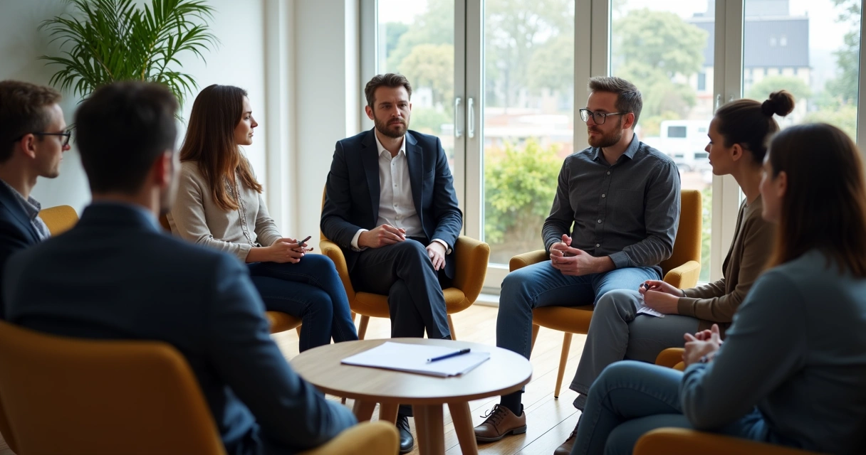 Grupo de pessoas sentadas em círculo dialogando em sala iluminada 
