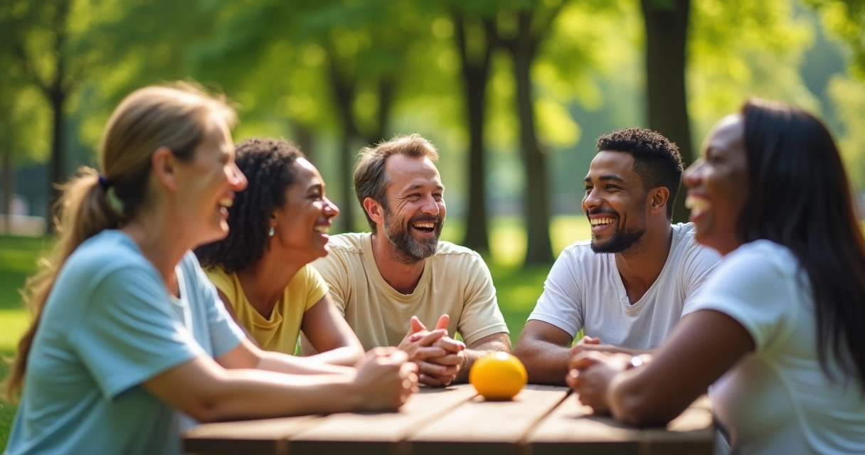 Grupo de pessoas sorrindo e rindo juntas em ambiente externo ensolarado 
