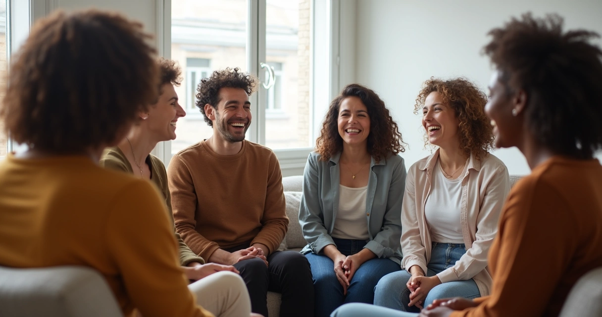 Grupo de pessoas sorrindo sentados em círculo durante sessão de terapia de grupo 