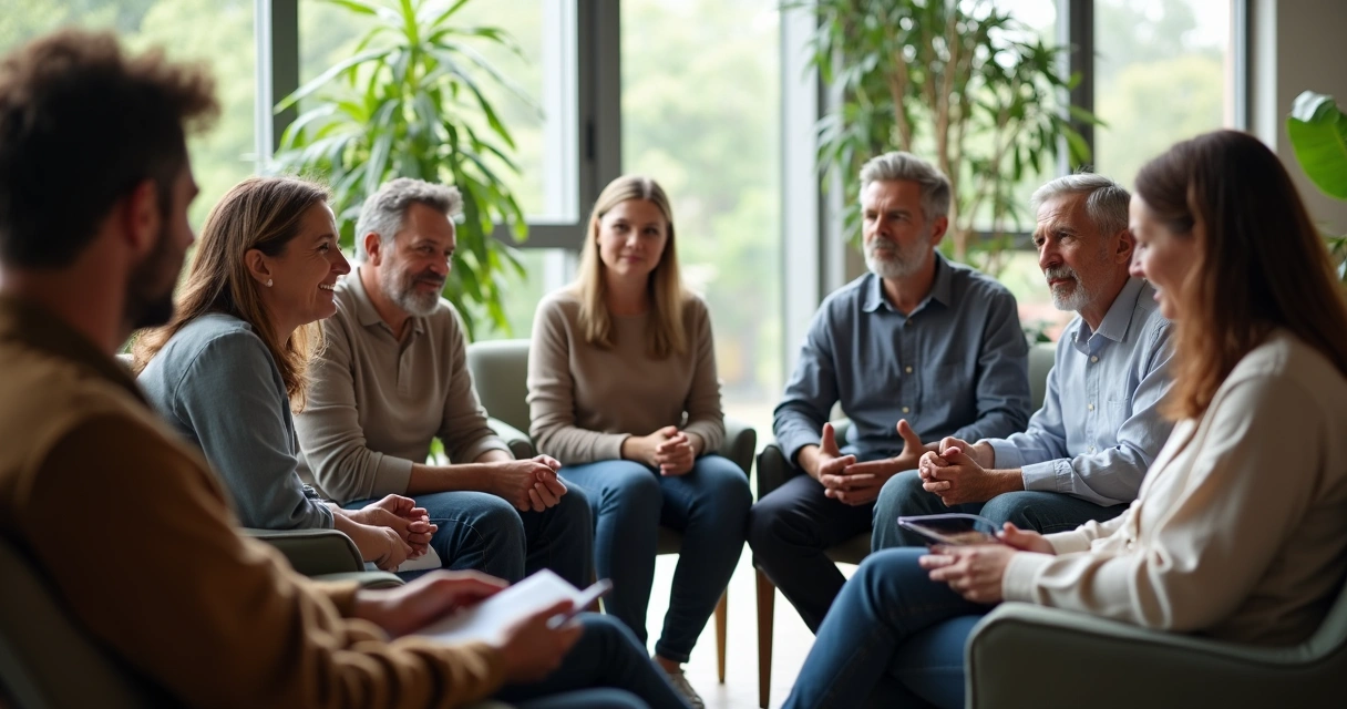 Pessoas sentadas em roda conversando em ambiente aberto 