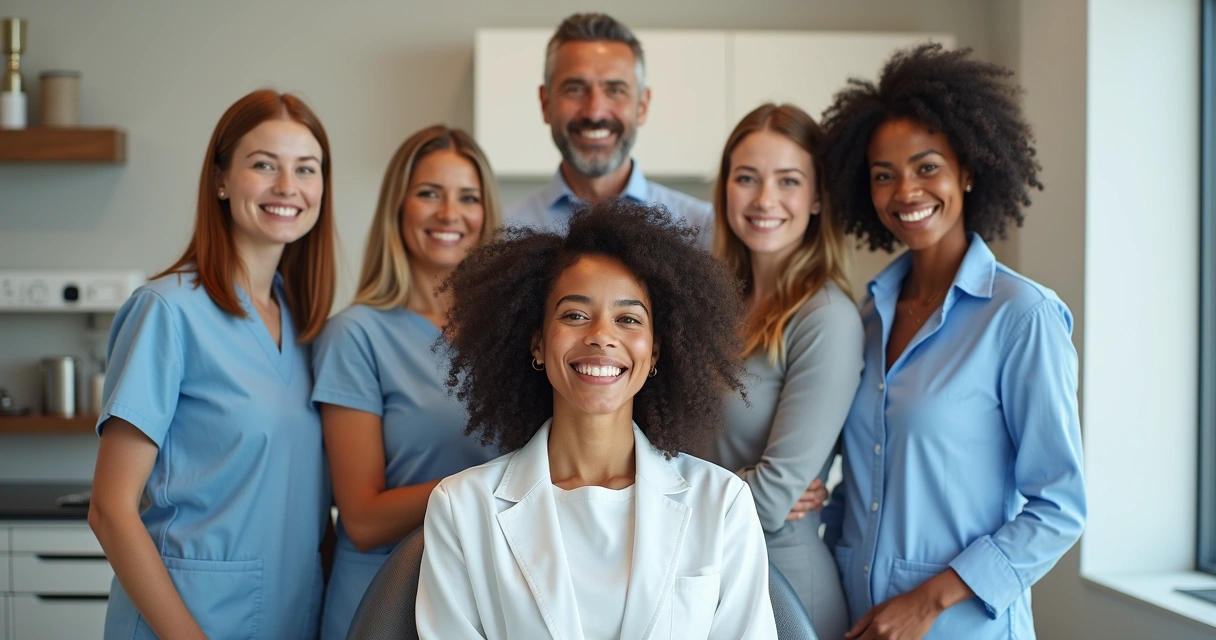 Grupo de pessoas sorrindo em consultório odontológico