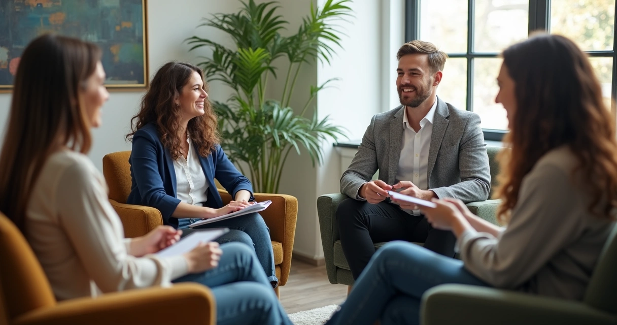Grupo de pessoas sentadas em roda no escritório conversando de forma descontraída 