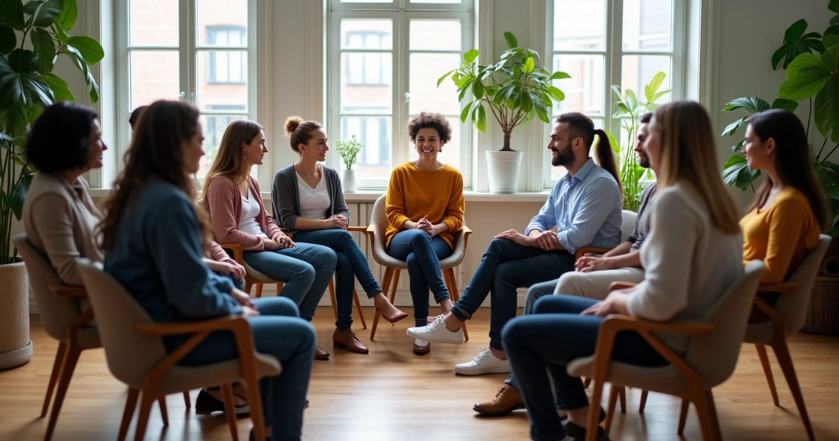 Grupo de pessoas sentadas em círculo praticando diálogo atentos uns aos outros