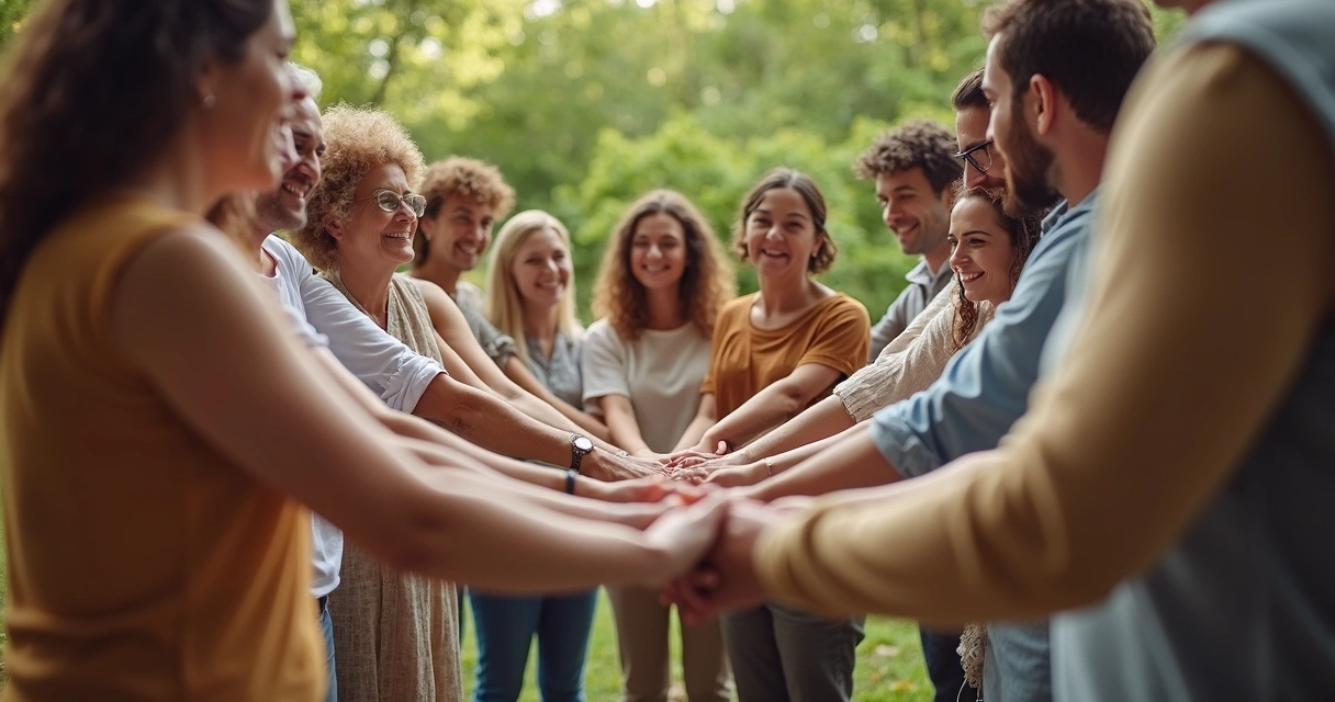 Grupo unido de pessoas de diferentes idades e estilos, em círculo, conectando as mãos no centro. 