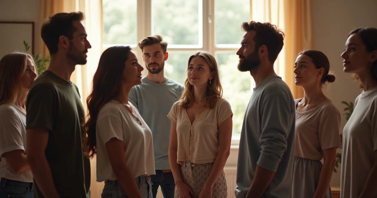 Grupo de pessoas de diferentes idades reunidas em círculo se olhando 