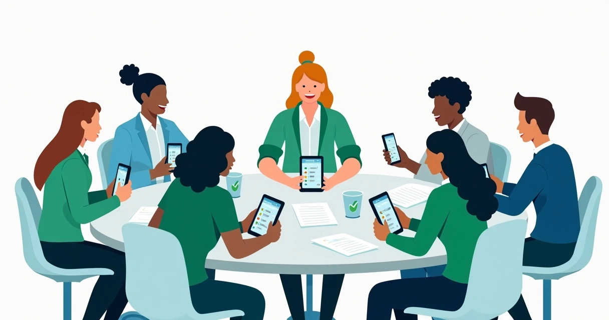 Pessoas de diferentes idades interagindo em volta de um smartphone mostrando uma enquete do WhatsApp 