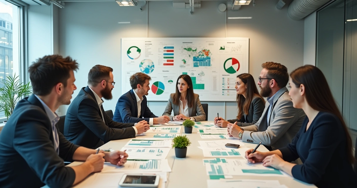 Grupo diversificado reunido em sala, planejando projeto de reciclagem com gráficos e cartazes de resíduos na mesa 
