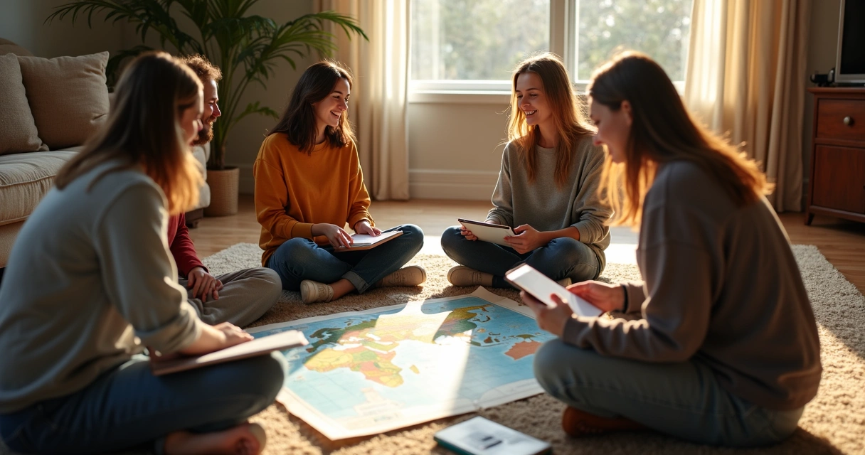 Amigos sentados em roda planejando viagem de verão 