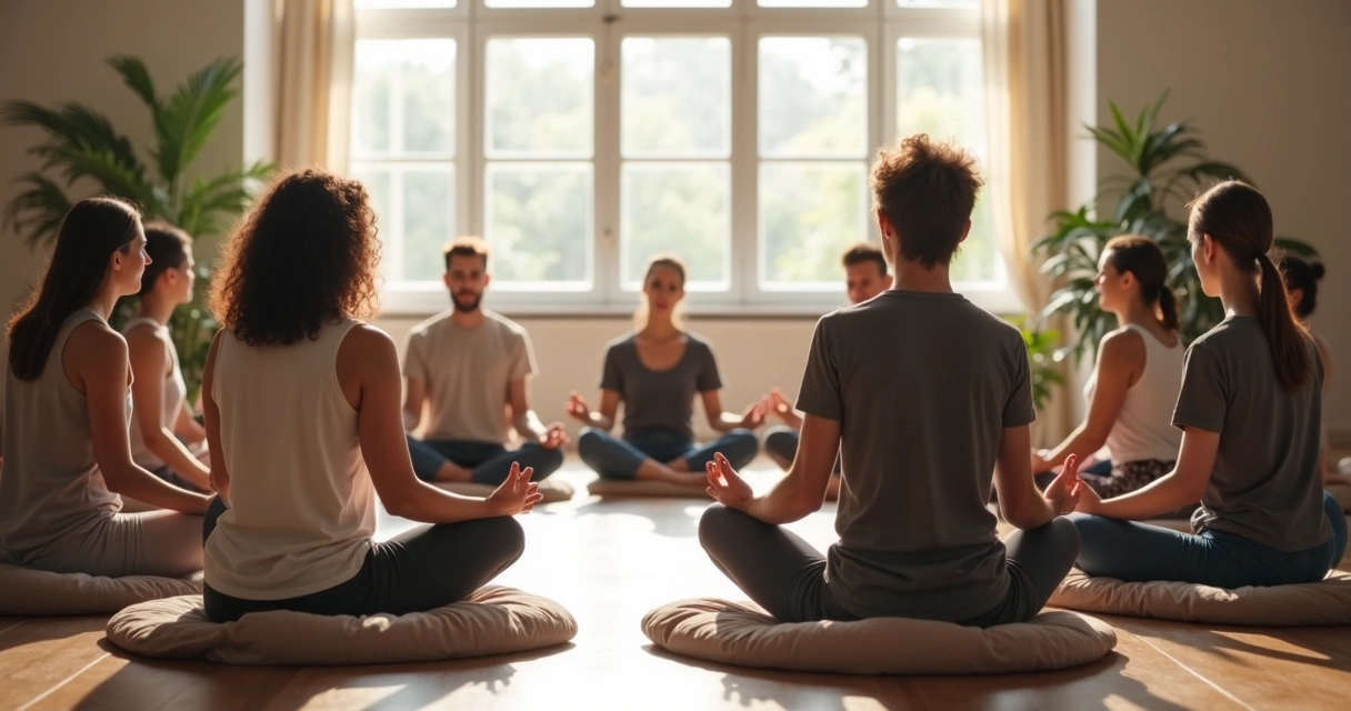 Grupo de pessoas sentadas em roda praticando atenção plena em ambiente iluminado 