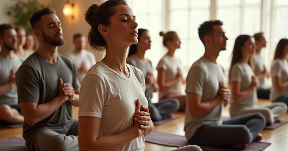 Homens e mulheres em grupo realizando exercícios de respiração sentados em ambiente fechado 