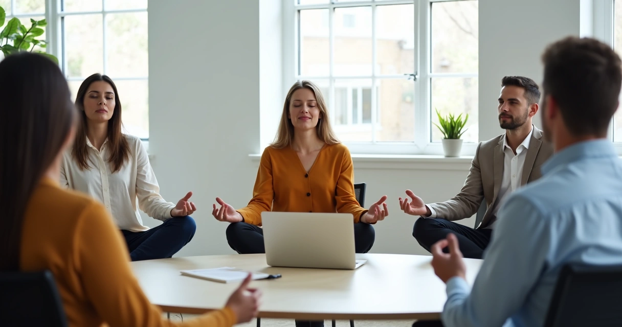 Equipe de escritório em círculo praticando mindfulness juntos 