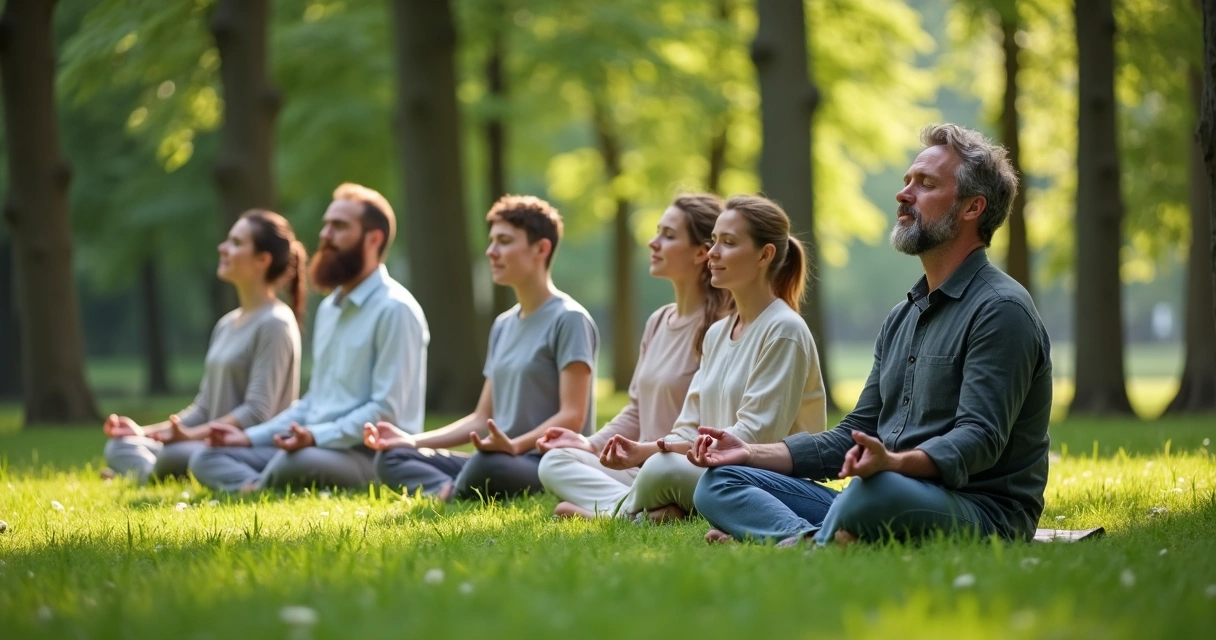 Grupo de pessoas praticando mindfulness em parque ao ar livre