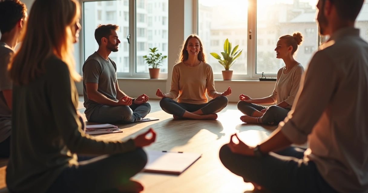 Time corporativo praticando respiração guiada em sala de reunião 