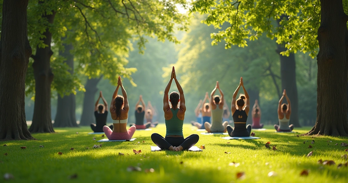 Grupo de pessoas praticando yoga ao ar livre em área verde.