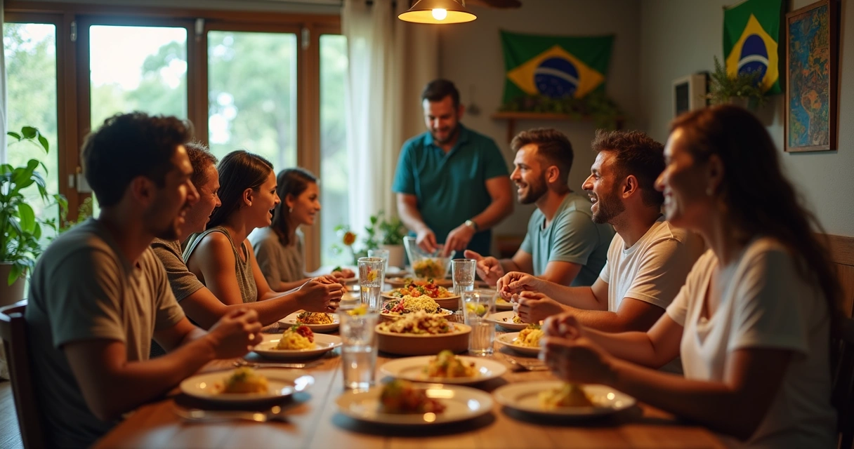 Grupo de amigos brasileiros reunidos em casa para evento gastronômico 